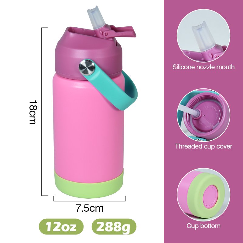 Ready to ship new style laser engrave flip top tumbler 12oz kid water bottles with bumper and handle mixed colors for school