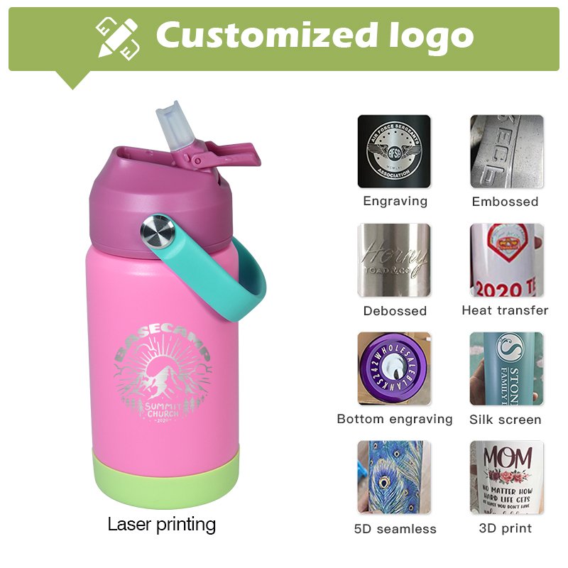 Ready to ship new style laser engrave flip top tumbler 12oz kid water bottles with bumper and handle mixed colors for school