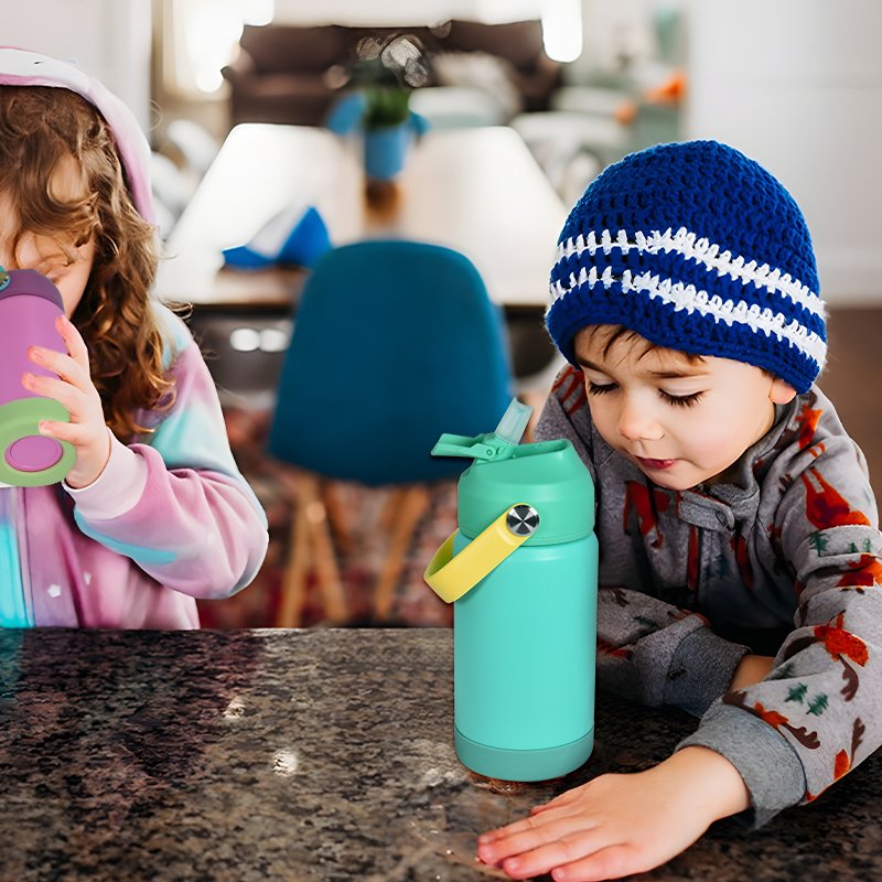 Ready to ship new style laser engrave flip top tumbler 12oz kid water bottles with bumper and handle mixed colors for school