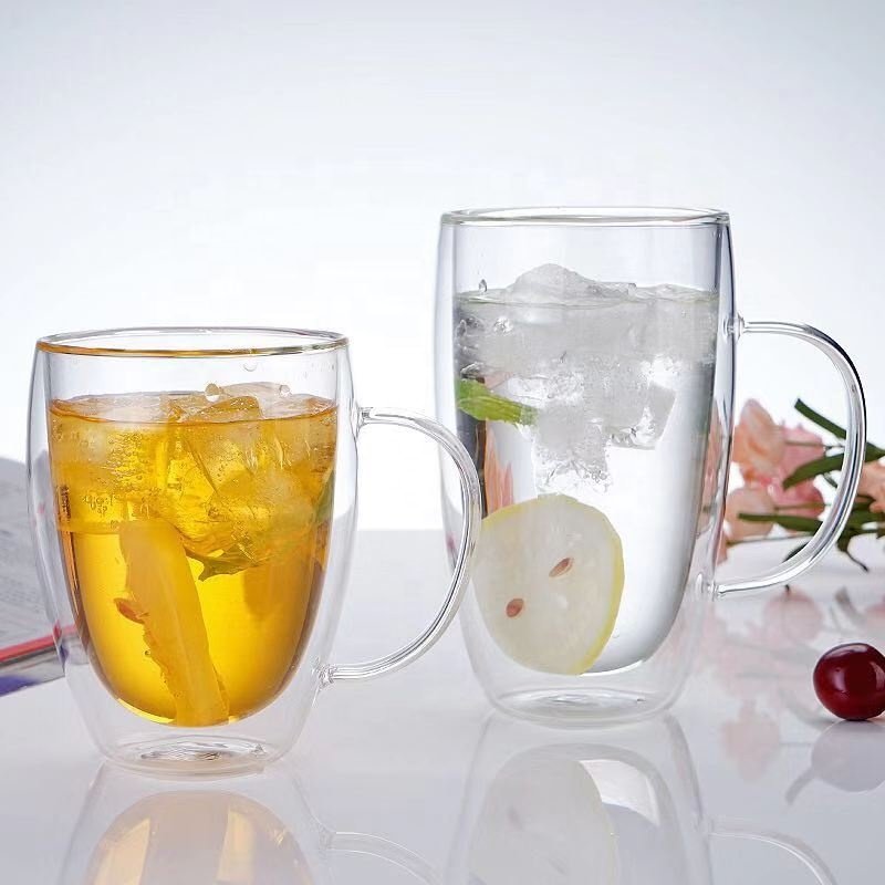 Hot Selling Double Wall Glass Coffee Mugs with Handle Clear Glass Coffee Mugs Drinking Glass Water Cups for Coffee