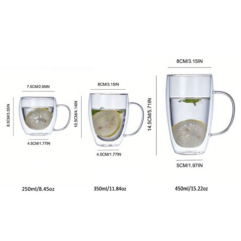 Hot Selling Double Wall Glass Coffee Mugs with Handle Clear Glass Coffee Mugs Drinking Glass Water Cups for Coffee