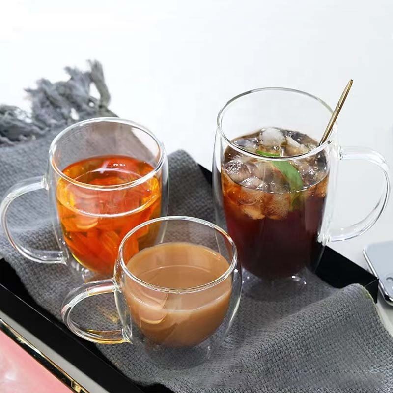 Hot Selling Double Wall Glass Coffee Mugs with Handle Clear Glass Coffee Mugs Drinking Glass Water Cups for Coffee