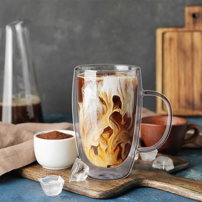 Hot Selling Double Wall Glass Coffee Mugs with Handle Clear Glass Coffee Mugs Drinking Glass Water Cups for Coffee