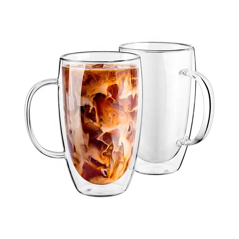 Hot Selling Double Wall Glass Coffee Mugs with Handle Clear Glass Coffee Mugs Drinking Glass Water Cups for Coffee
