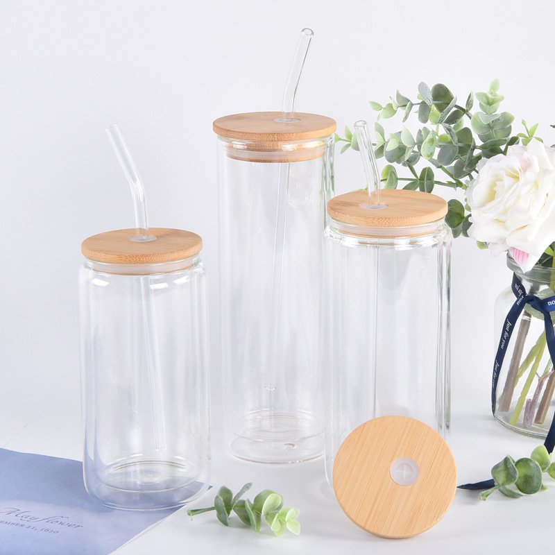 Blank DIY Sublimation Bottle Tumbler Mug Soda Cola Cup Double Wall Snow Globe Beer Glass Can with Bamboo Lid and Straw