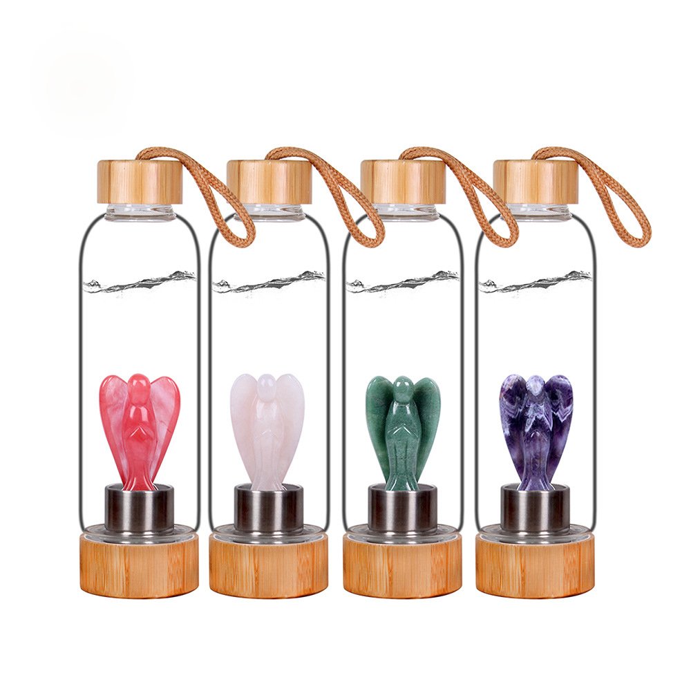 Custom Logo Natural Rose Gold Quartz Crystal Glass Water Bottle Bamboo Crystal Water Bottle With Crystal Inside
