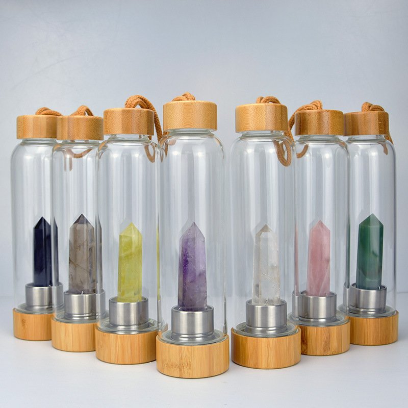 Custom Logo Natural Rose Gold Quartz Crystal Glass Water Bottle Bamboo Crystal Water Bottle With Crystal Inside