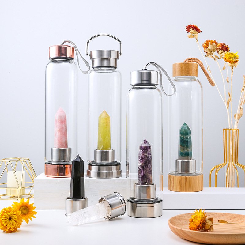 Custom Logo Natural Rose Gold Quartz Crystal Glass Water Bottle Bamboo Crystal Water Bottle With Crystal Inside