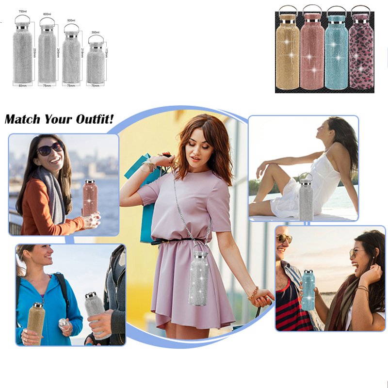 Women Creative Portable Handle Color Crystal Rhinestone Diamond Bling Bling Stainless Steel Vacuum Thermos Flask Water Bottle