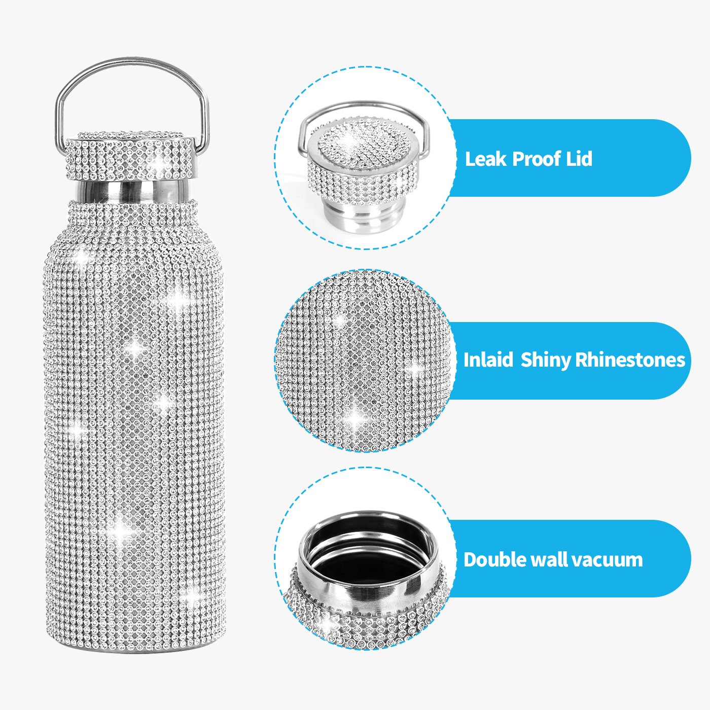 Women Creative Portable Handle Color Crystal Rhinestone Diamond Bling Bling Stainless Steel Vacuum Thermos Flask Water Bottle