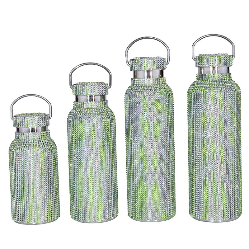 Women Creative Portable Handle Color Crystal Rhinestone Diamond Bling Bling Stainless Steel Vacuum Thermos Flask Water Bottle
