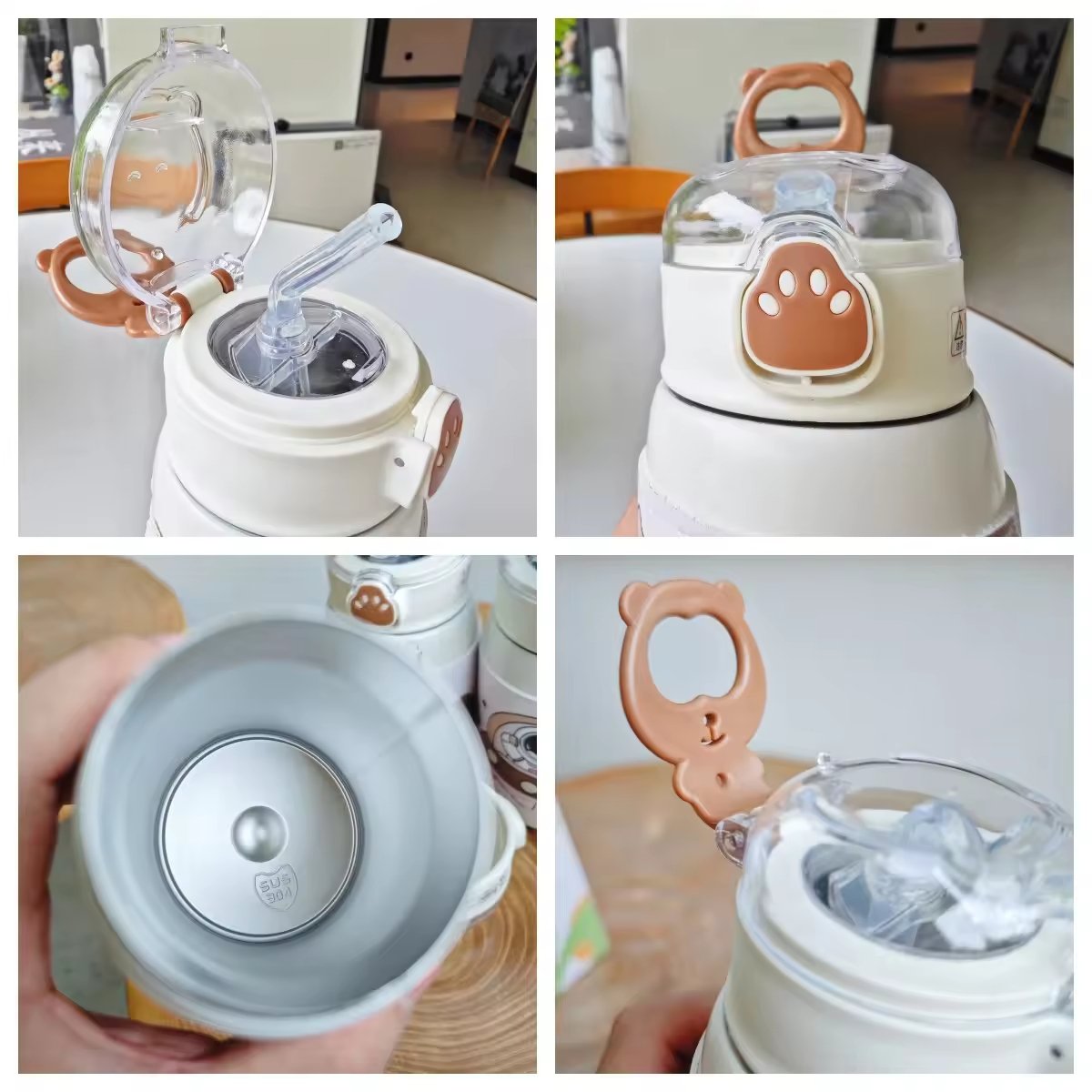 Cute Straw 400ml Cartoon Astronaut Water Bottle Vacuum Cup Student Leather Case Portable Bounce Cover Stainless Steel Flask