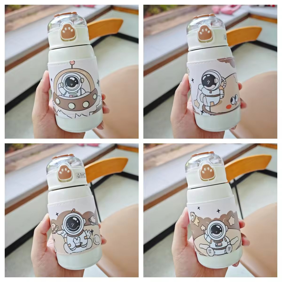 Cute Straw 400ml Cartoon Astronaut Water Bottle Vacuum Cup Student Leather Case Portable Bounce Cover Stainless Steel Flask