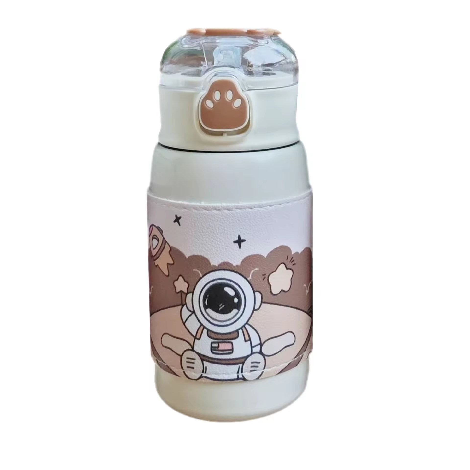 Cute Straw 400ml Cartoon Astronaut Water Bottle Vacuum Cup Student Leather Case Portable Bounce Cover Stainless Steel Flask