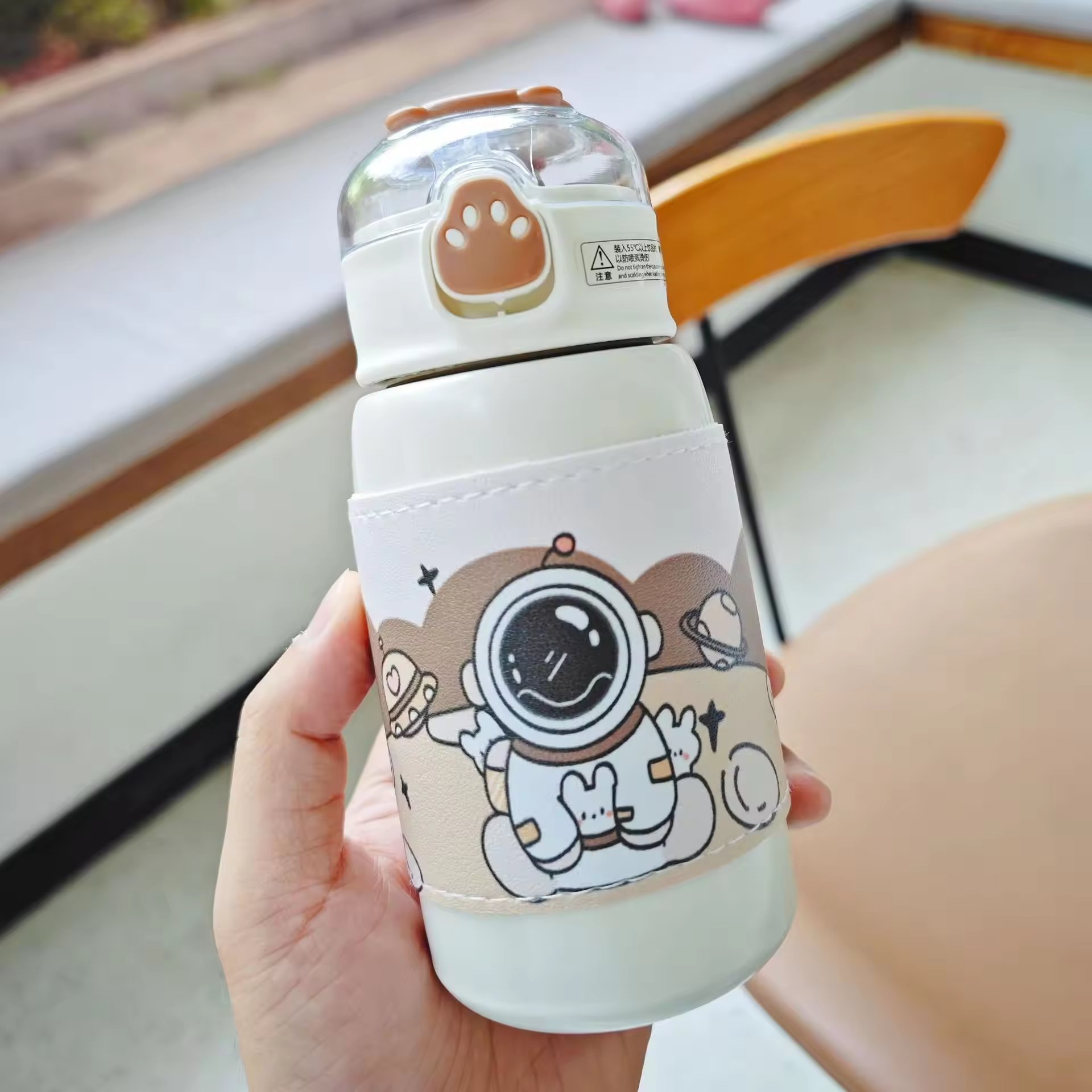 Cute Straw 400ml Cartoon Astronaut Water Bottle Vacuum Cup Student Leather Case Portable Bounce Cover Stainless Steel Flask