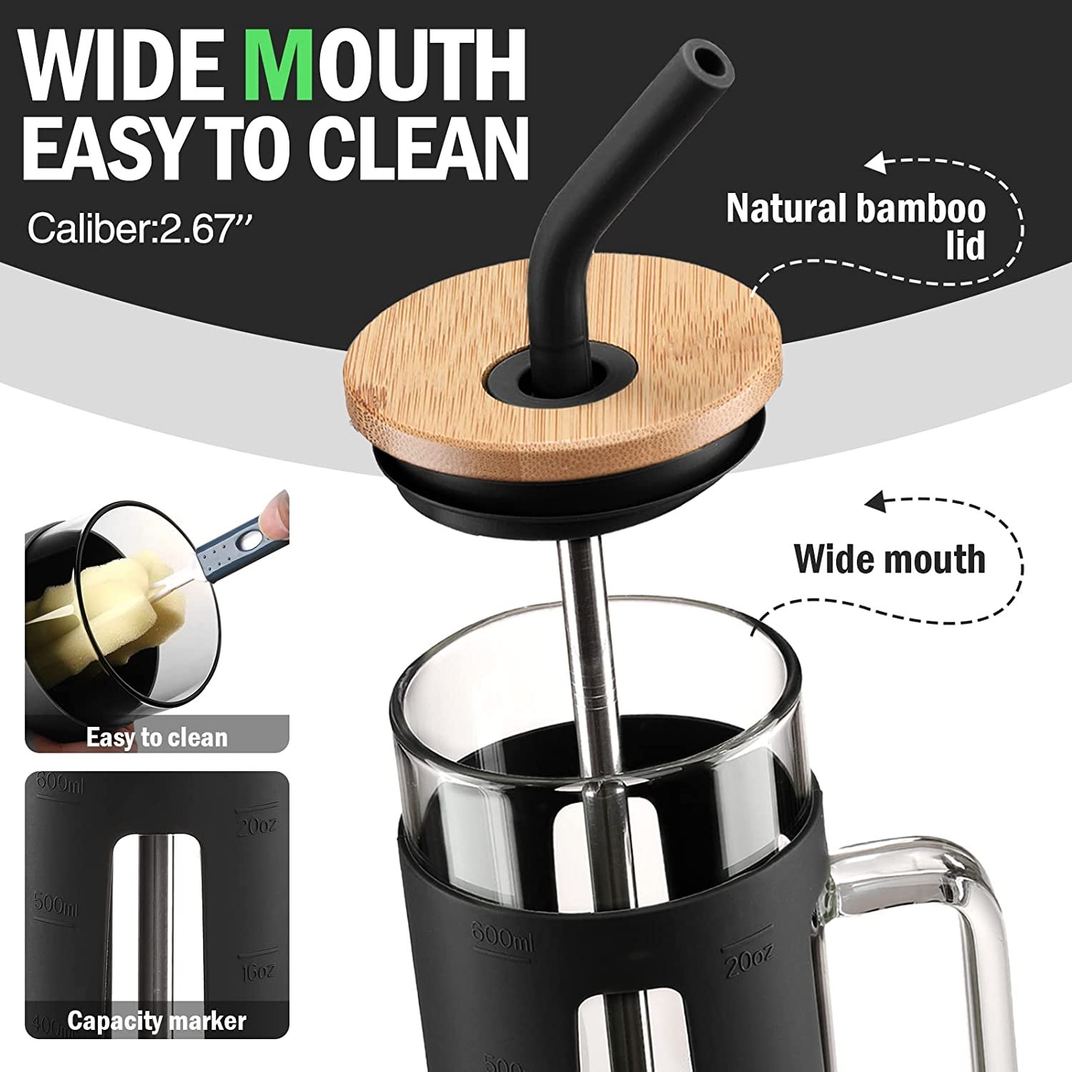Lid Cup Water Bottles Sleeve Bamboo Glass Tumbler Silicone with Time Marker Handle Straw Coffee Reusable 20oz Mugs Modern