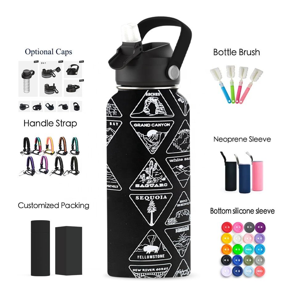 Customized Camping Water Bottle with Waterproof Stickers and Straw Insulated Vacuum Flask with Stickers