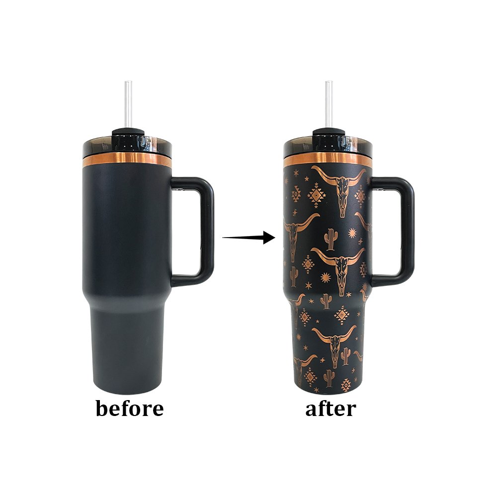 USA warehouse RTS laser engraved 40oz powder coated black color copper plated vacuum thermos tumbler water bottle with straw