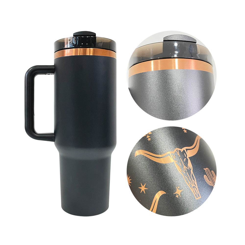 USA warehouse RTS laser engraved 40oz powder coated black color copper plated vacuum thermos tumbler water bottle with straw