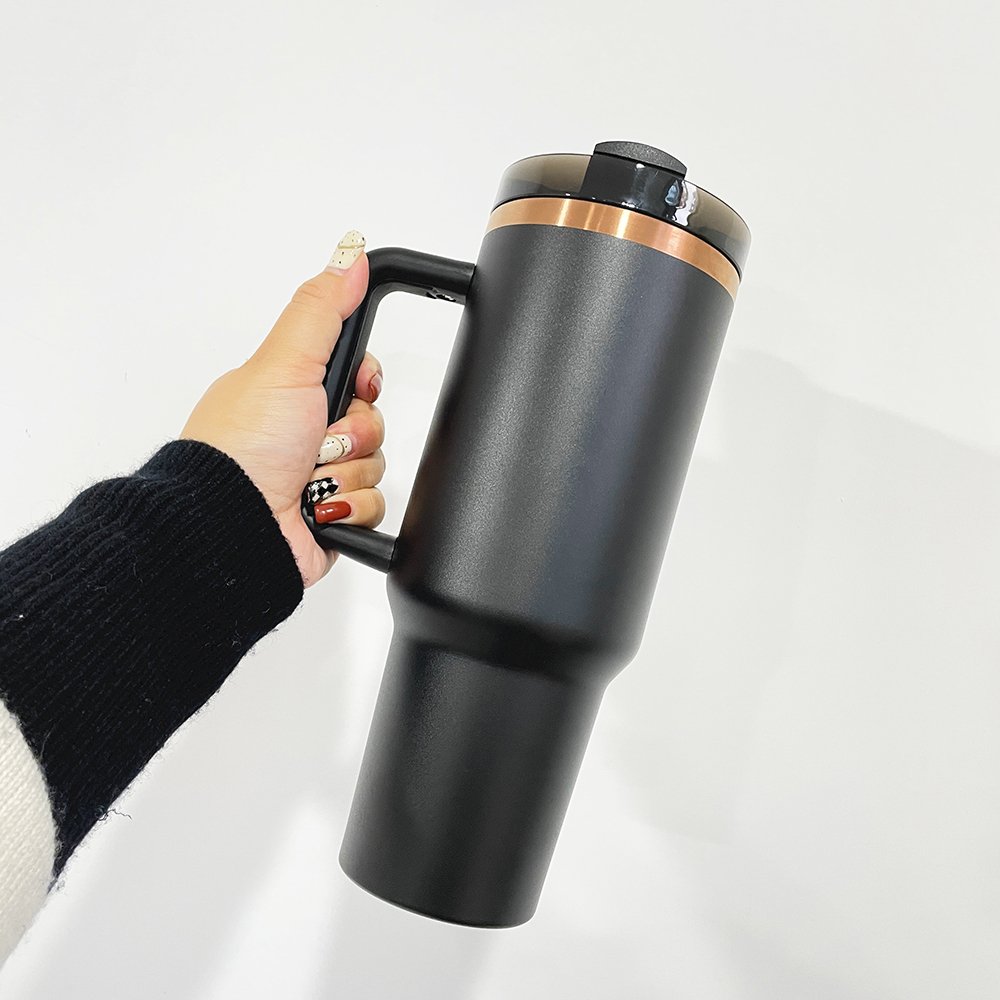 USA warehouse RTS laser engraved 40oz powder coated black color copper plated vacuum thermos tumbler water bottle with straw