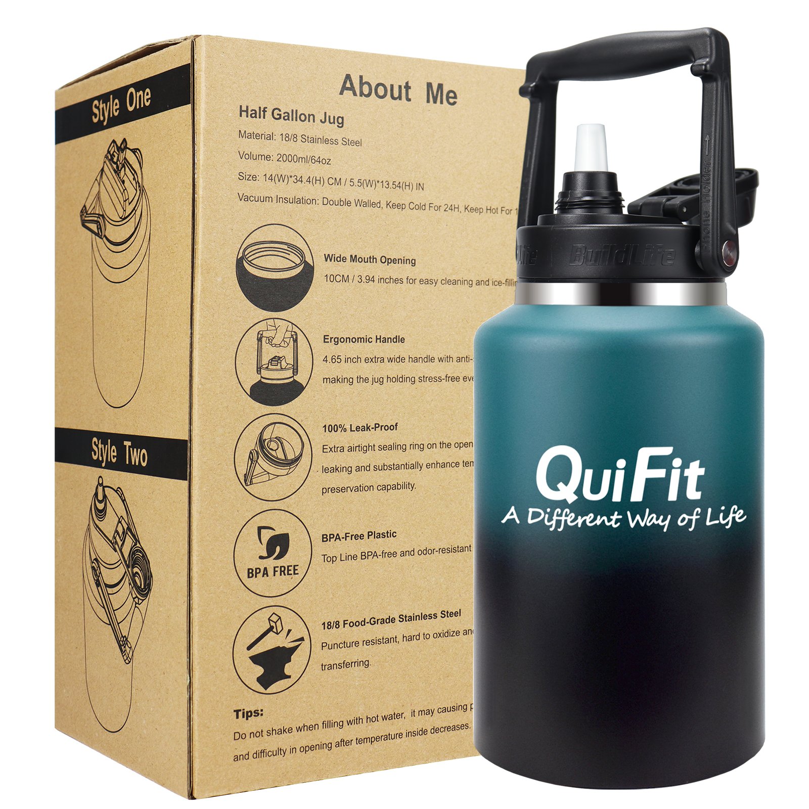 QuiFit 64oz Large Capacity Vacuum Thermos Water Bottle with Straw Gallon Jug Large Stainless Steel