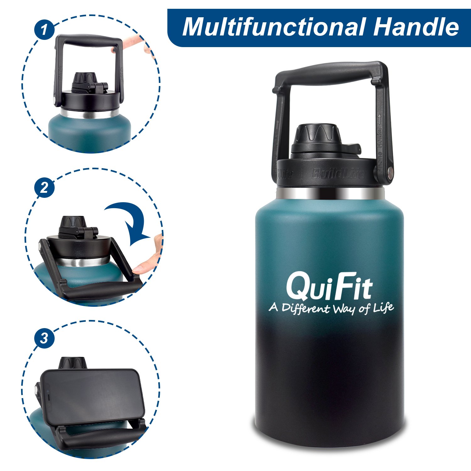 QuiFit 64oz Large Capacity Vacuum Thermos Water Bottle with Straw Gallon Jug Large Stainless Steel