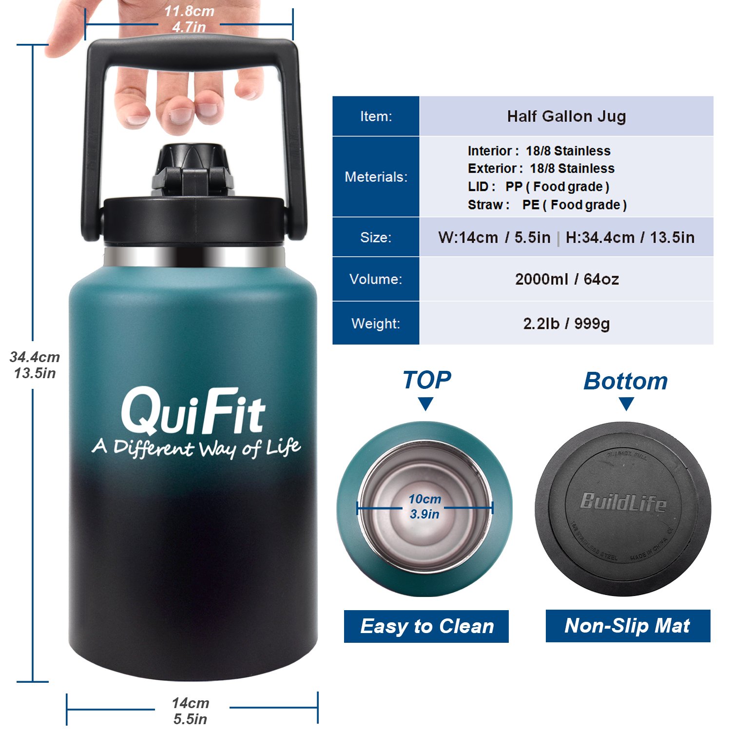 QuiFit 64oz Large Capacity Vacuum Thermos Water Bottle with Straw Gallon Jug Large Stainless Steel