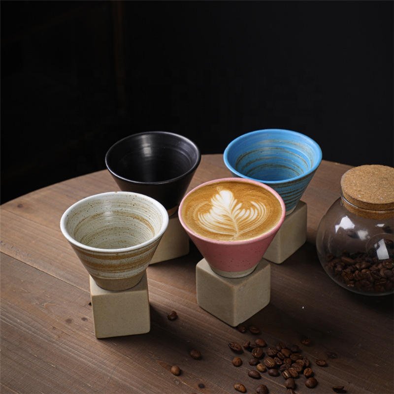 Houstime Retro Coffee Cup Funnel Cone shape Coarse Pottery Mug ceramic coffee cup mug with base