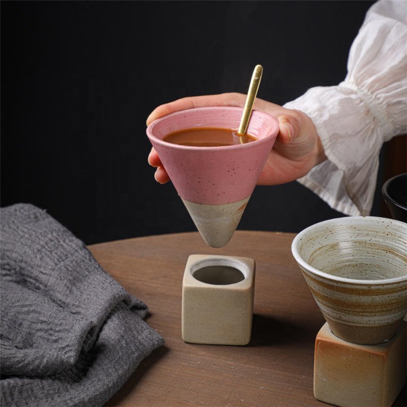 Houstime Retro Coffee Cup Funnel Cone shape Coarse Pottery Mug ceramic coffee cup mug with base