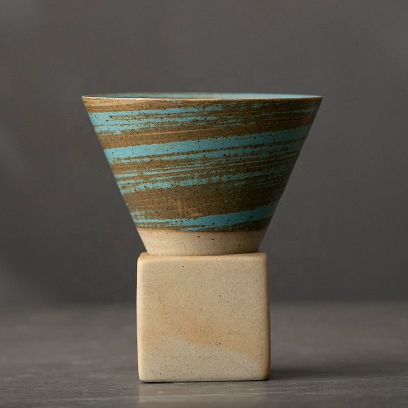 Houstime Retro Coffee Cup Funnel Cone shape Coarse Pottery Mug ceramic coffee cup mug with base