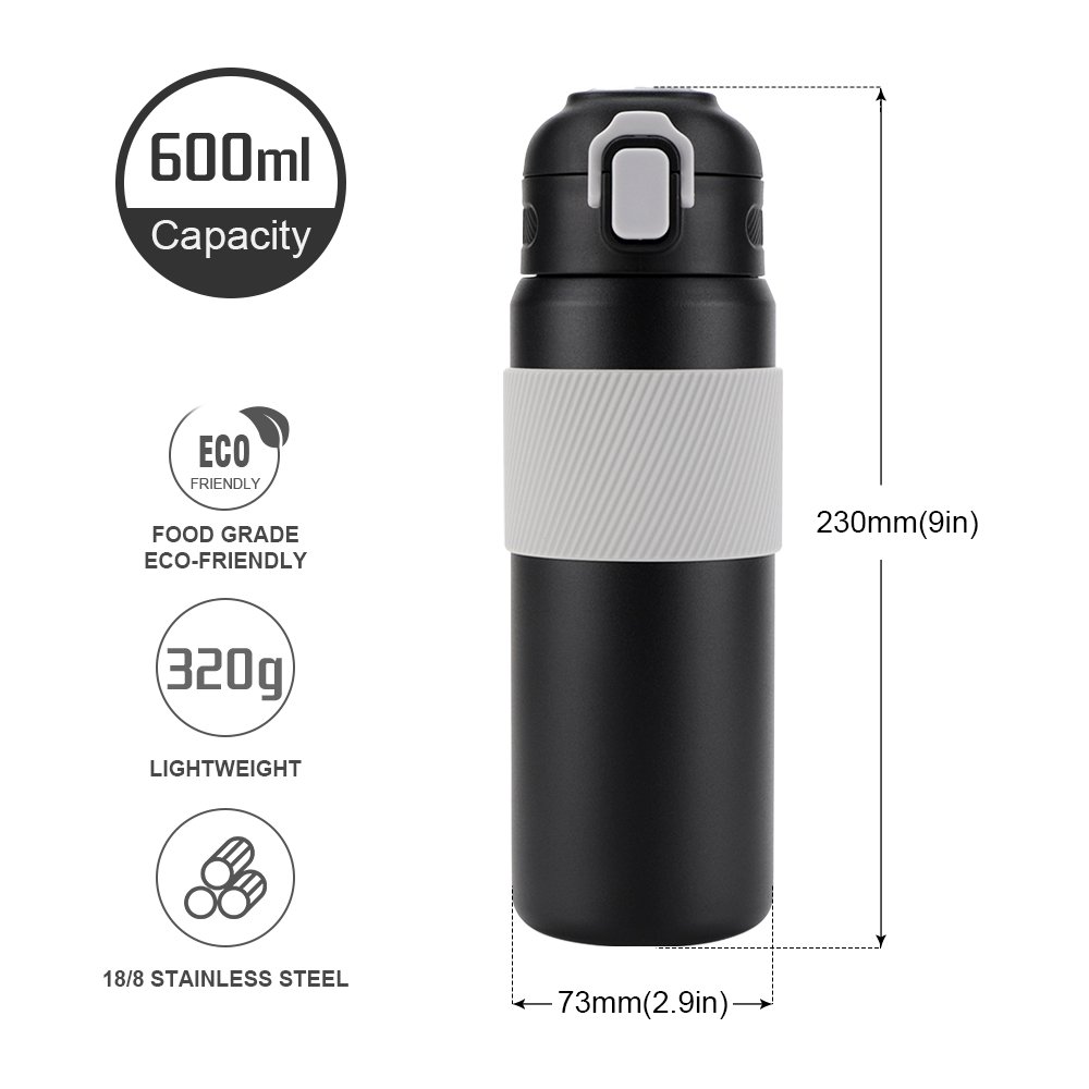 600ml Insulated Stainless Steel Sports Thermos Logo Water Bottle Silica Gel Sleeve Plastic Lid Hot Cold Drinks Vacuum Thermal