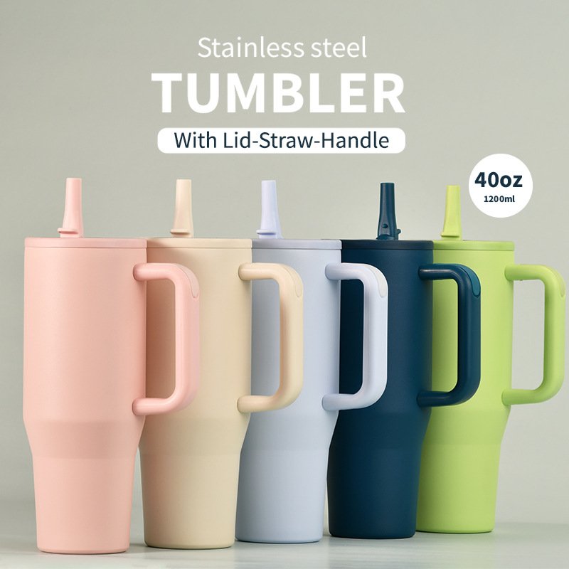 New Design 40oz H5.0 Stainless Steel Leak Proof Drink Directly Lid Travel Mug Vacuum Tumbler With Handle And Folding Straw