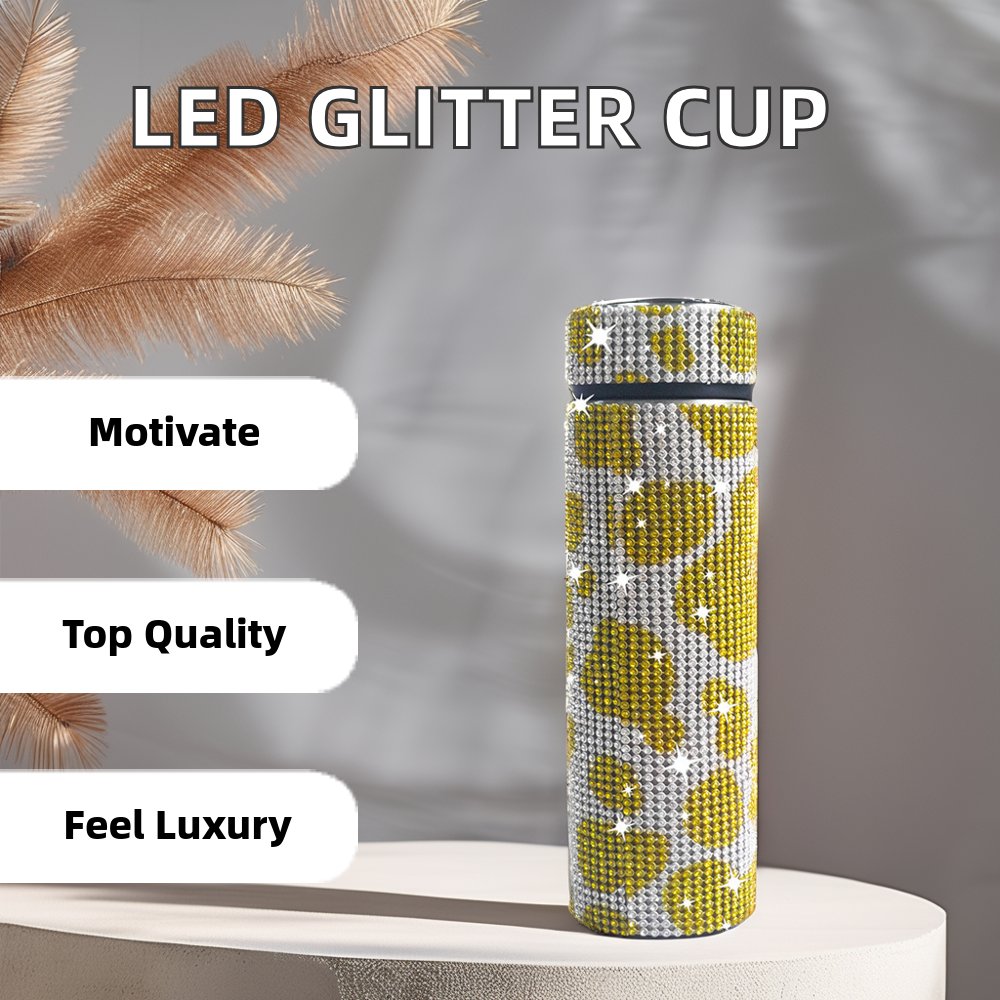 LED Display Creative Glitter Stainless Steel Tea Cup Diamond Tumbler Bling Smart Water Bottle Vacuum Flask Thermal Lid Filter