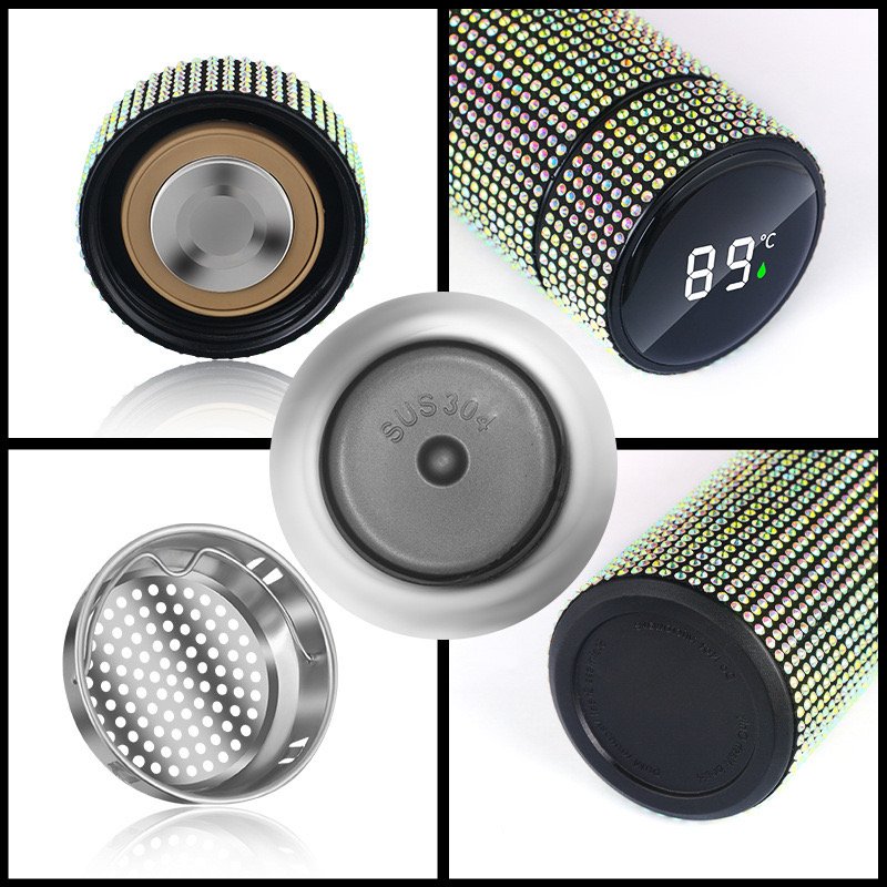 LED Display Creative Glitter Stainless Steel Tea Cup Diamond Tumbler Bling Smart Water Bottle Vacuum Flask Thermal Lid Filter
