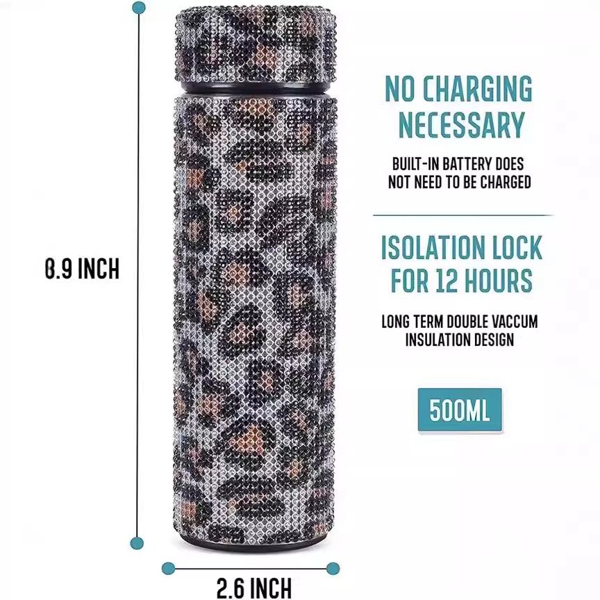 LED Display Creative Glitter Stainless Steel Tea Cup Diamond Tumbler Bling Smart Water Bottle Vacuum Flask Thermal Lid Filter