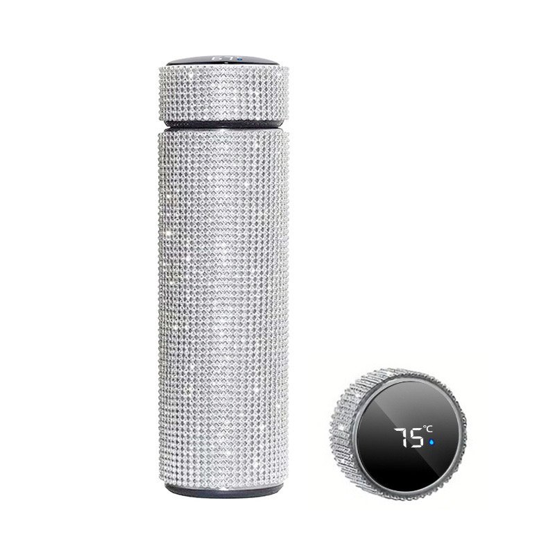 LED Display Creative Glitter Stainless Steel Tea Cup Diamond Tumbler Bling Smart Water Bottle Vacuum Flask Thermal Lid Filter