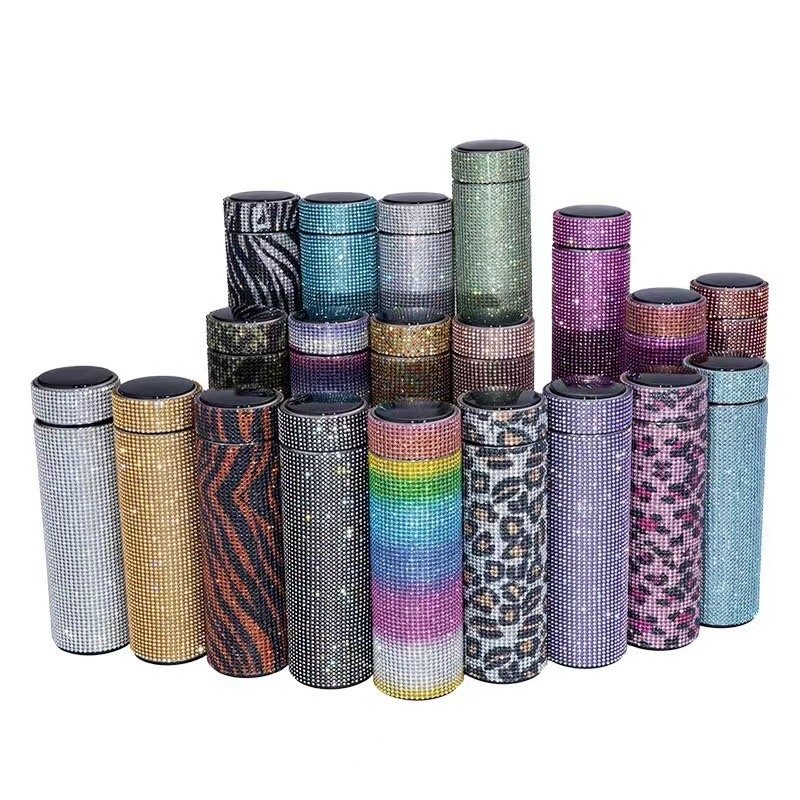 LED Display Creative Glitter Stainless Steel Tea Cup Diamond Tumbler Bling Smart Water Bottle Vacuum Flask Thermal Lid Filter