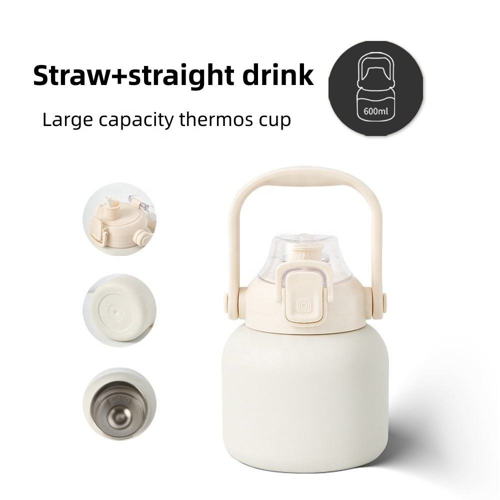 2024 New Big Belly Cup 600ml/800ml Stainless Steel Insulated Double Wall Water Bottle With Handle Straw Lid For Travel Outdoor