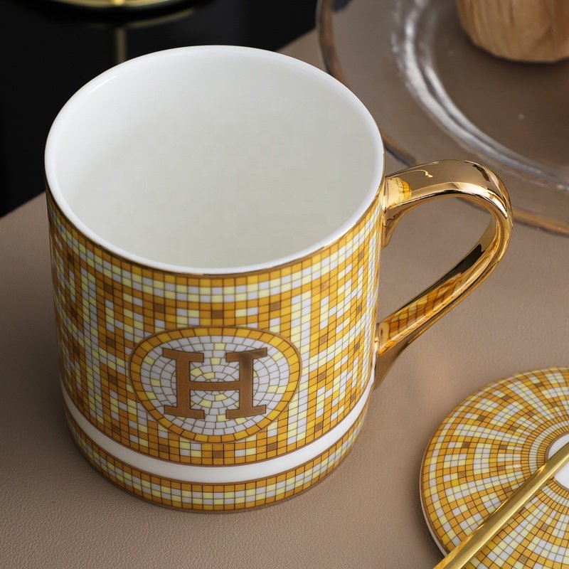 Luxury gold ceramic coffee mugs 300ml golden porcelain tea mugs with custom design