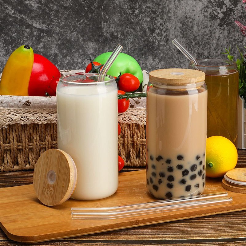 Hot Sell High Quality glass cups with lids and straws 16oz high borosilicate glass mug custom glass mug writing logo