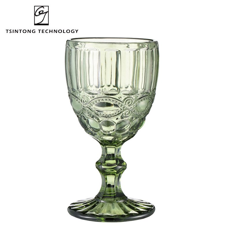 Hot Sale Colored Goblet 300ml 10oz Vintage Pattern Embossed Champagne Wine Blue Green Purple Gray Glass Cup Mug for Wedding