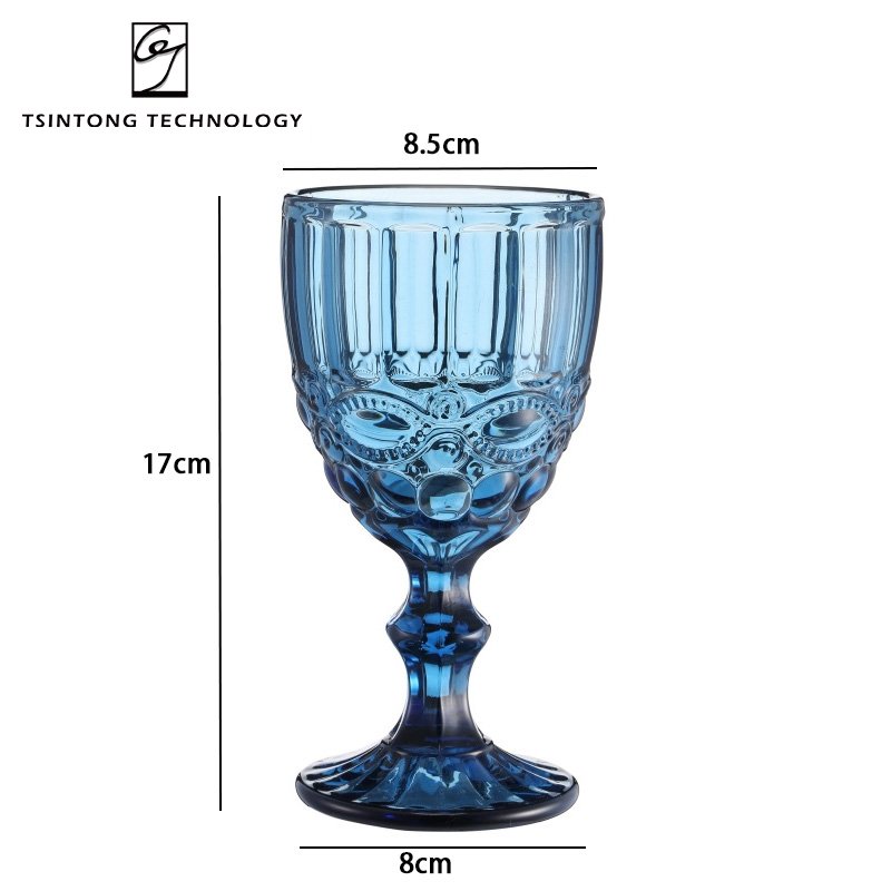 Hot Sale Colored Goblet 300ml 10oz Vintage Pattern Embossed Champagne Wine Blue Green Purple Gray Glass Cup Mug for Wedding