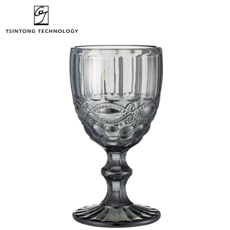 Hot Sale Colored Goblet 300ml 10oz Vintage Pattern Embossed Champagne Wine Blue Green Purple Gray Glass Cup Mug for Wedding