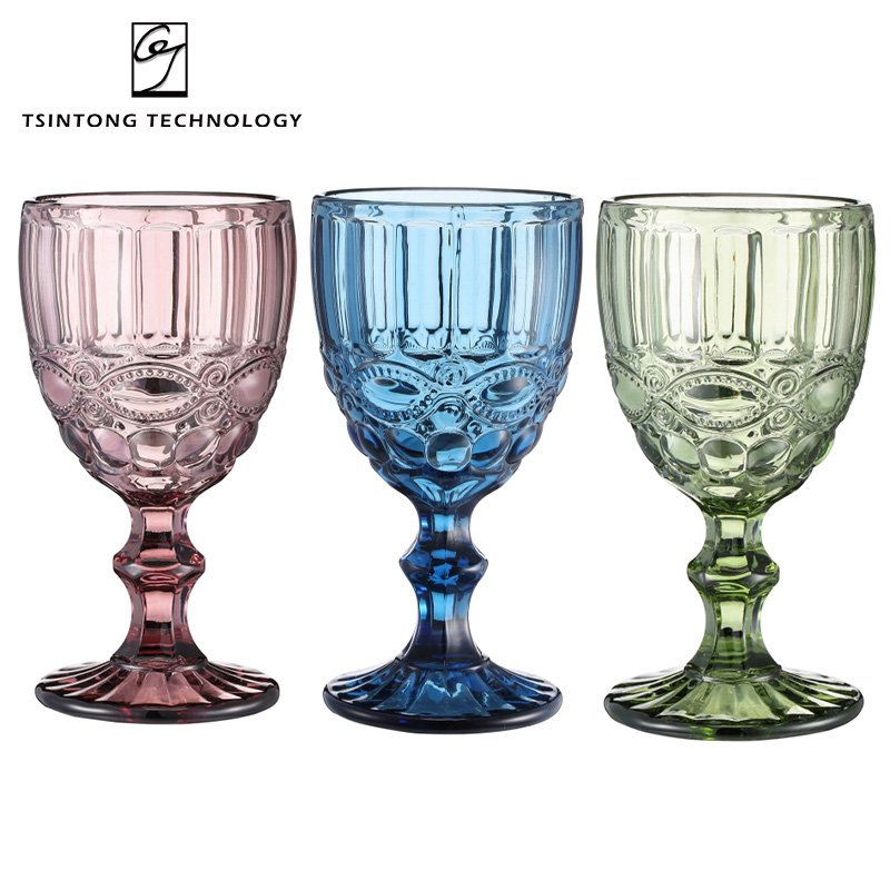 Hot Sale Colored Goblet 300ml 10oz Vintage Pattern Embossed Champagne Wine Blue Green Purple Gray Glass Cup Mug for Wedding