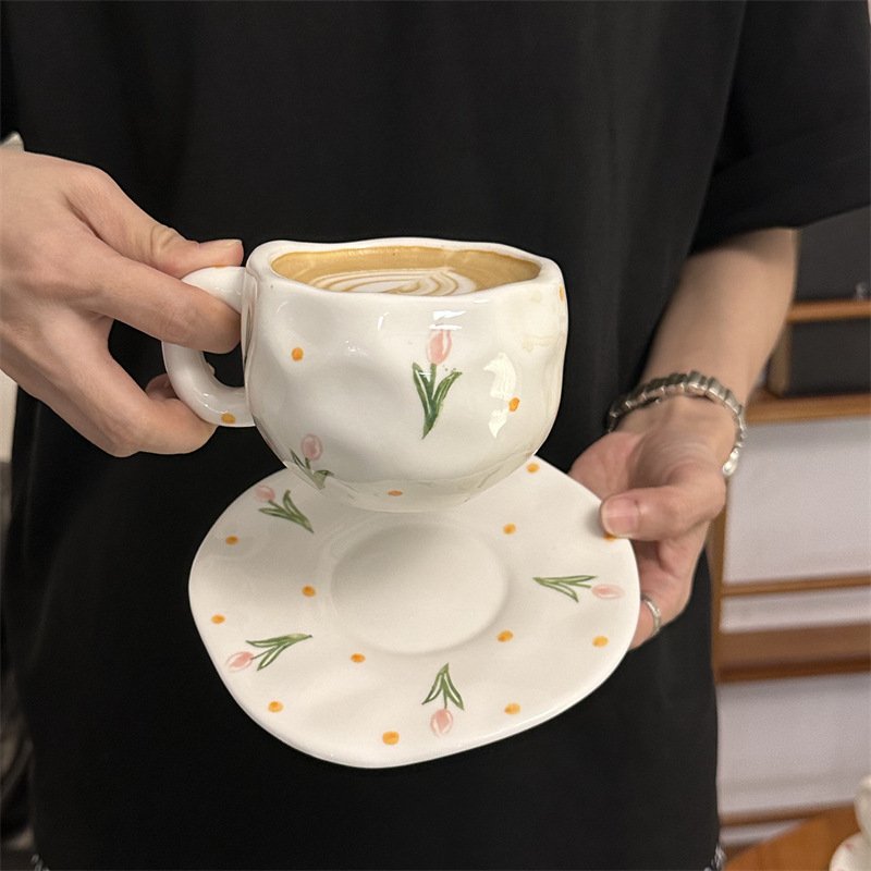 Ins korea retro flower ceramic coffee mug and saucer set hand pinched irregular afternoon tea cup set