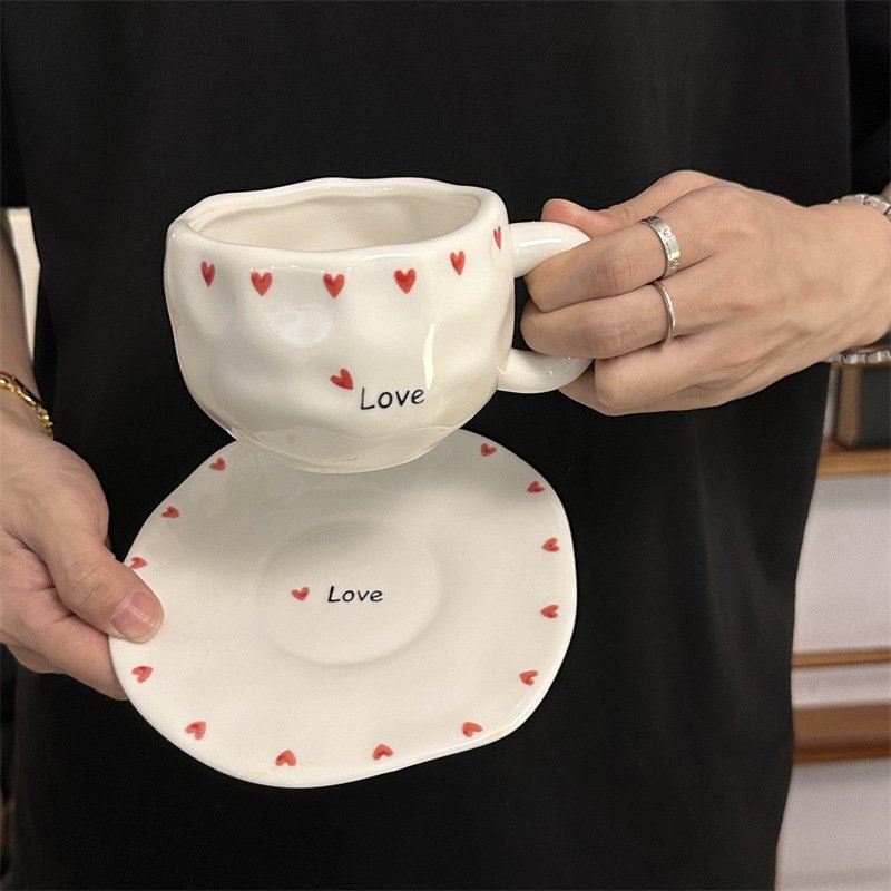 Ins korea retro flower ceramic coffee mug and saucer set hand pinched irregular afternoon tea cup set