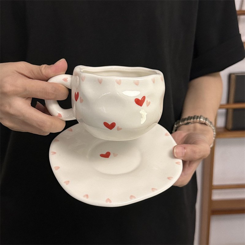 Ins korea retro flower ceramic coffee mug and saucer set hand pinched irregular afternoon tea cup set