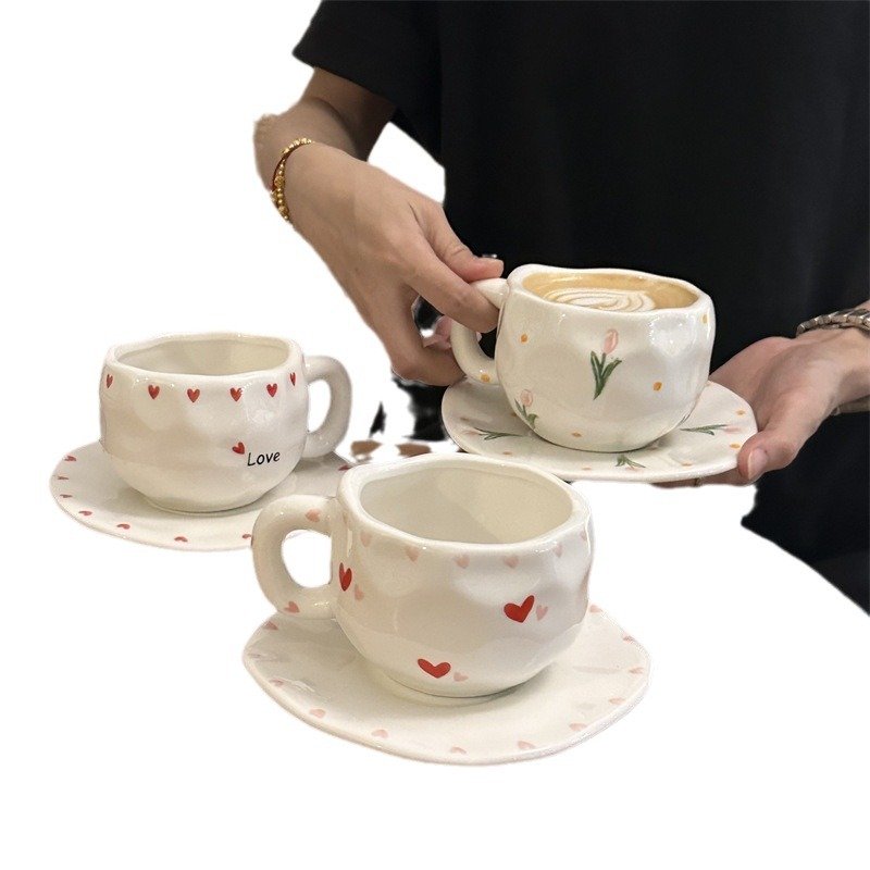 Ins korea retro flower ceramic coffee mug and saucer set hand pinched irregular afternoon tea cup set