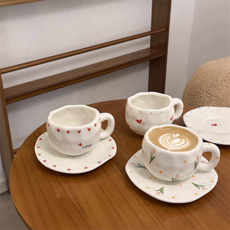 Ins korea retro flower ceramic coffee mug and saucer set hand pinched irregular afternoon tea cup set