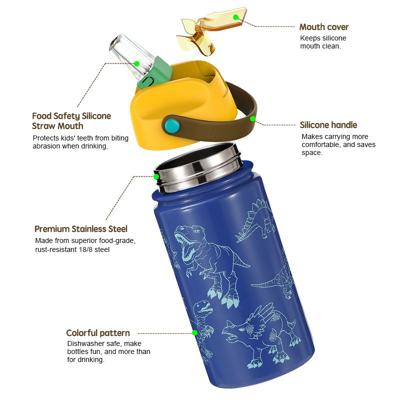 14OZ Insulated Stainless Steel Kids Sports Water Bottle With Bouncing Lock Straw Lid